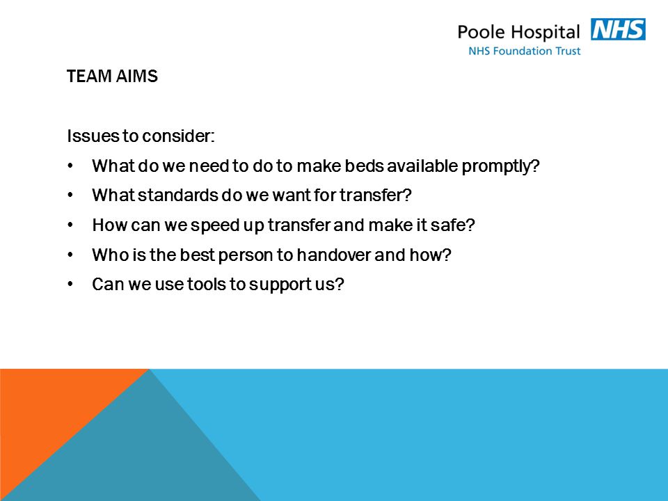 TEAM AIMS Issues to consider: What do we need to do to make beds available promptly.