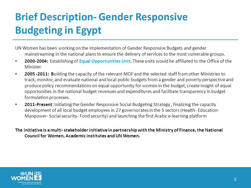 Brief Description- Gender Responsive Budgeting in Egypt UN Women has been working on the implementation of Gender Responsive Budgets and gender mainstreaming in the national plans to ensure the delivery of services to the most vulnerable groups.