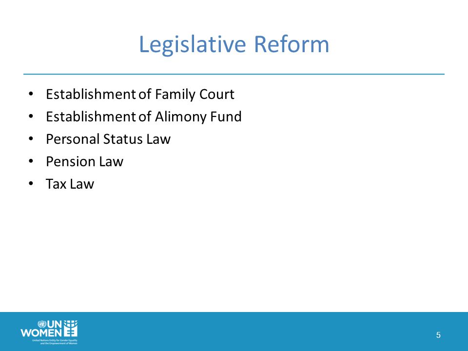 Legislative Reform Establishment of Family Court Establishment of Alimony Fund Personal Status Law Pension Law Tax Law 5