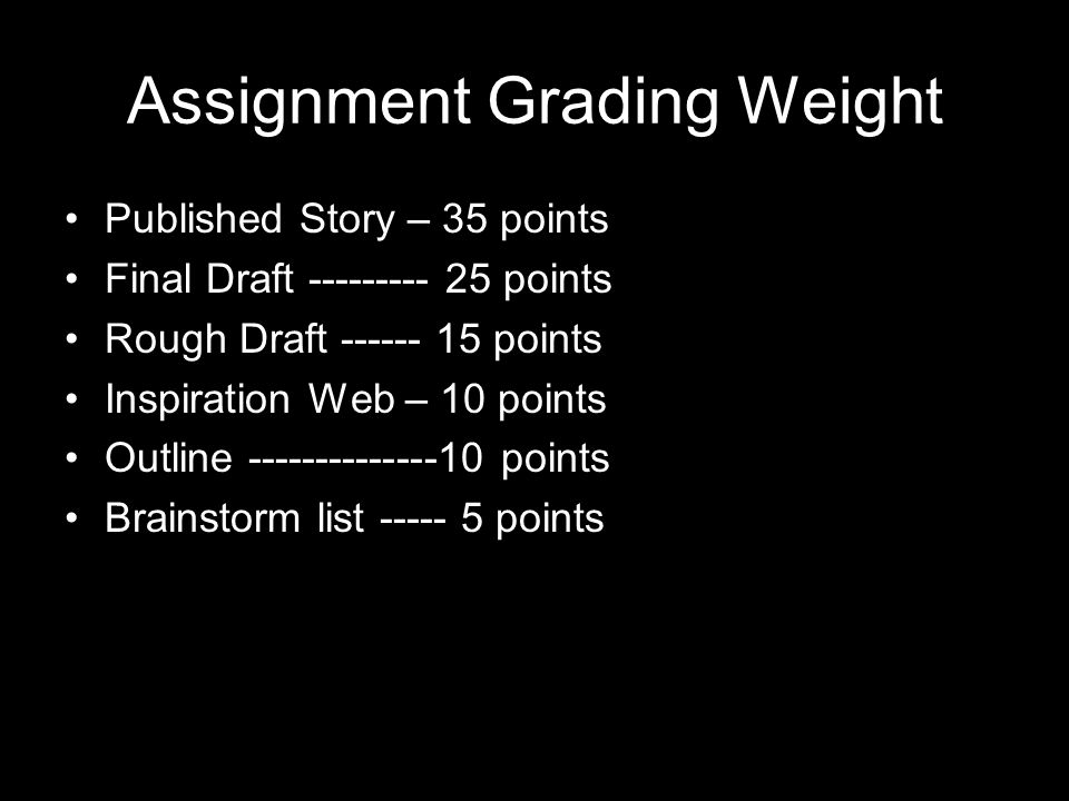 Assignment Packet Turn-In All materials to be turned in at once Order of packet – starting with top: –Published Story –Final Draft –Rough Draft –Inspiration Web –Outline –Brainstorming List