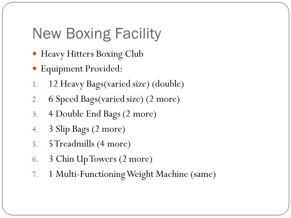 New Boxing Facility Heavy Hitters Boxing Club Equipment Provided: 1.