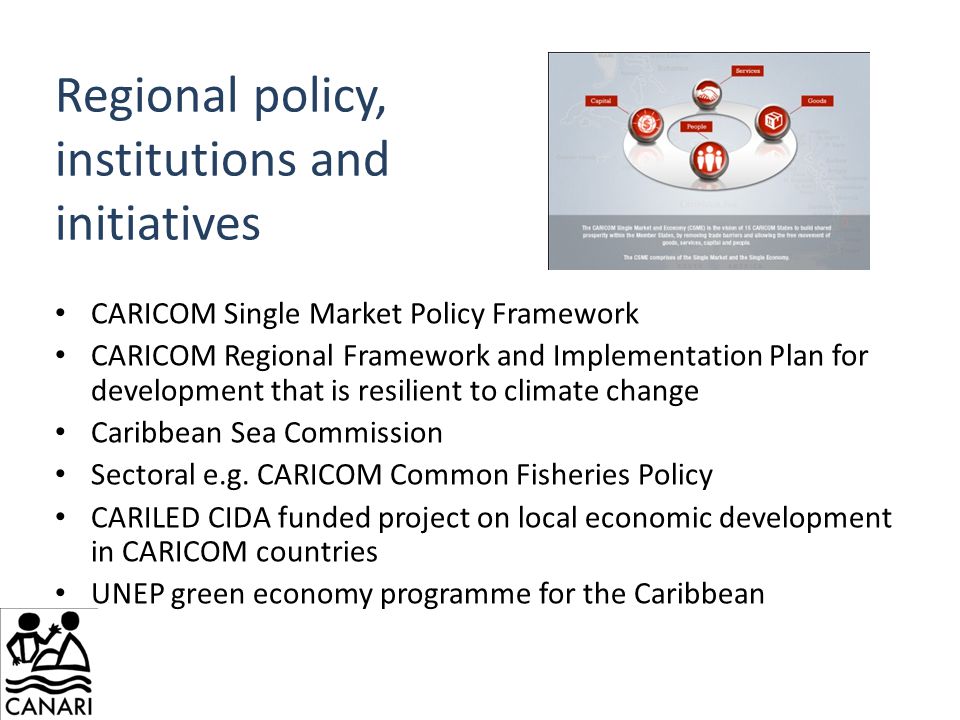 Regional policy, institutions and initiatives CARICOM Single Market Policy Framework CARICOM Regional Framework and Implementation Plan for development that is resilient to climate change Caribbean Sea Commission Sectoral e.g.