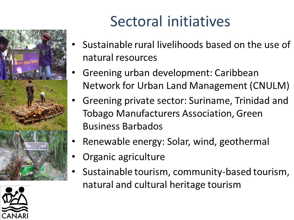 Sectoral initiatives Sustainable rural livelihoods based on the use of natural resources Greening urban development: Caribbean Network for Urban Land Management (CNULM) Greening private sector: Suriname, Trinidad and Tobago Manufacturers Association, Green Business Barbados Renewable energy: Solar, wind, geothermal Organic agriculture Sustainable tourism, community-based tourism, natural and cultural heritage tourism