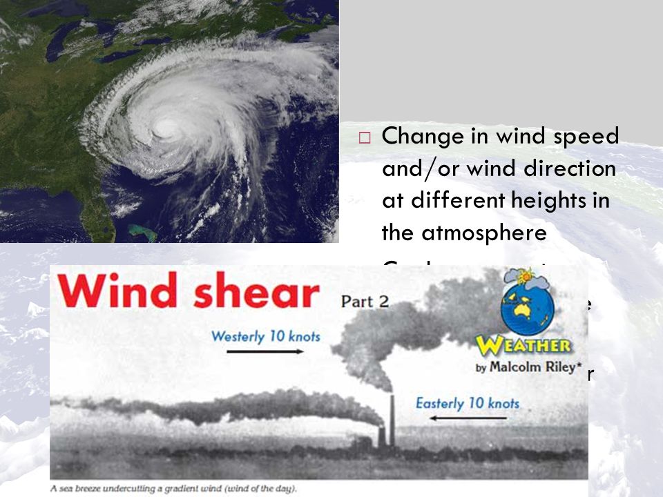 Hurricanes  Death of a Hurricane  Wind shear  Cool water  Move over land  Change in wind speed and/or wind direction at different heights in the atmosphere  Cool ocean water does not evaporate easily  Lack of warm water for the hurricane