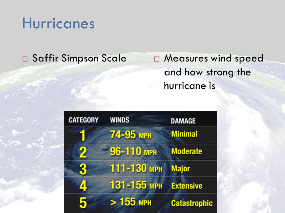 Hurricanes  Saffir Simpson Scale  Measures wind speed and how strong the hurricane is