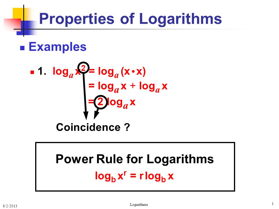 8/2/2013 Logarithms 1 = 2 log a x Properties of Logarithms Examples 1.