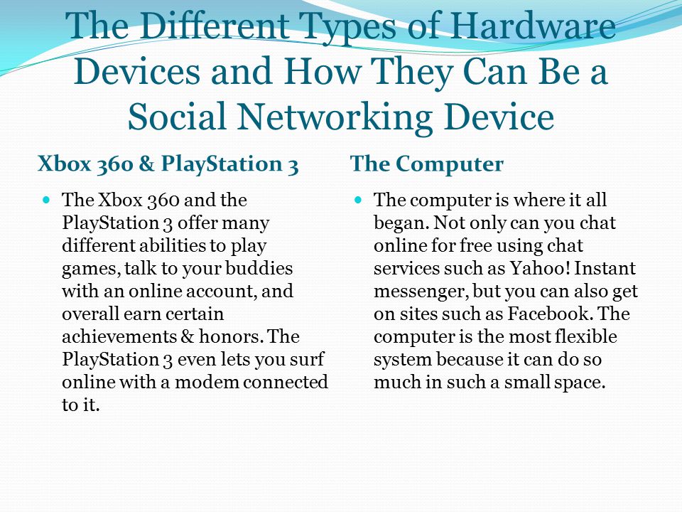 The Different Types of Hardware Devices and How They Can Be a Social Networking Device Xbox 360 & PlayStation 3 The Computer The Xbox 360 and the PlayStation 3 offer many different abilities to play games, talk to your buddies with an online account, and overall earn certain achievements & honors.