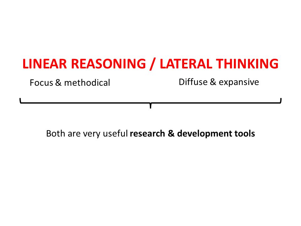 LINEAR REASONING / LATERAL THINKING Focus & methodical Diffuse & expansive Both are very useful research & development tools