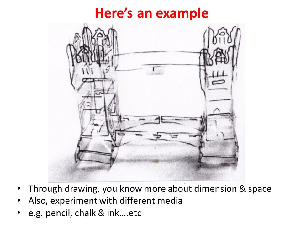 Here’s an example Through drawing, you know more about dimension & space Also, experiment with different media e.g.