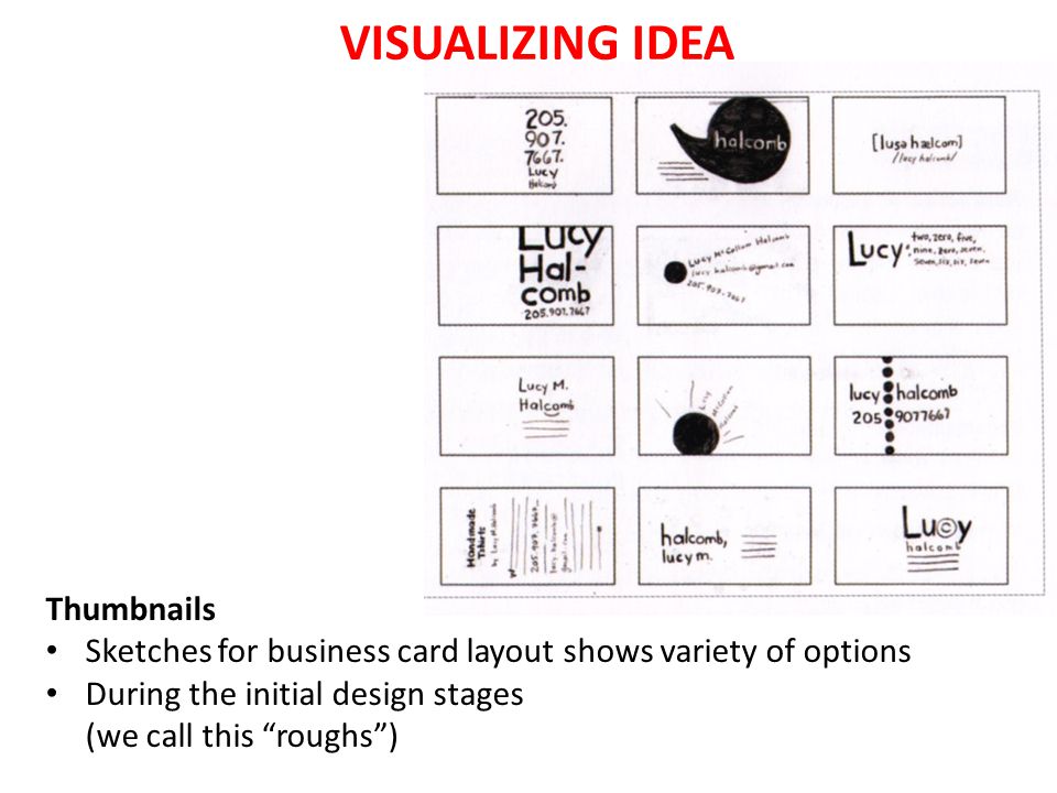 VISUALIZING IDEA Thumbnails Sketches for business card layout shows variety of options During the initial design stages (we call this roughs )