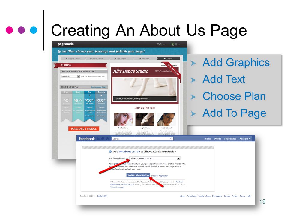 19 Creating An About Us Page  Add Graphics  Add Text  Choose Plan  Add To Page  Add Graphics  Add Text  Choose Plan  Add To Page