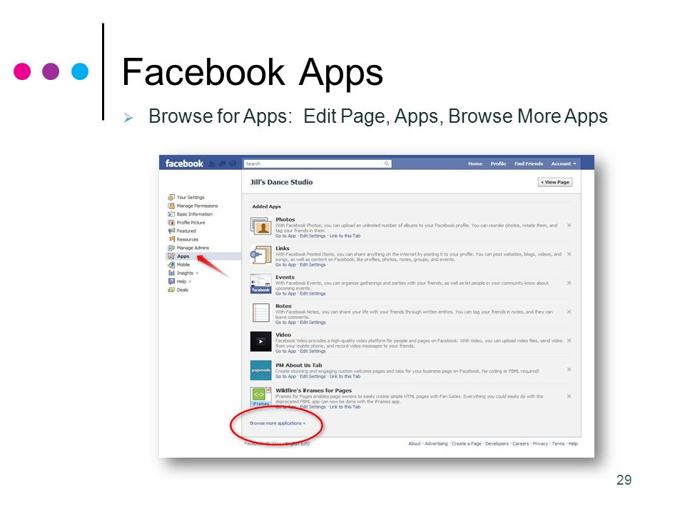 29 Facebook Apps  Browse for Apps: Edit Page, Apps, Browse More Apps