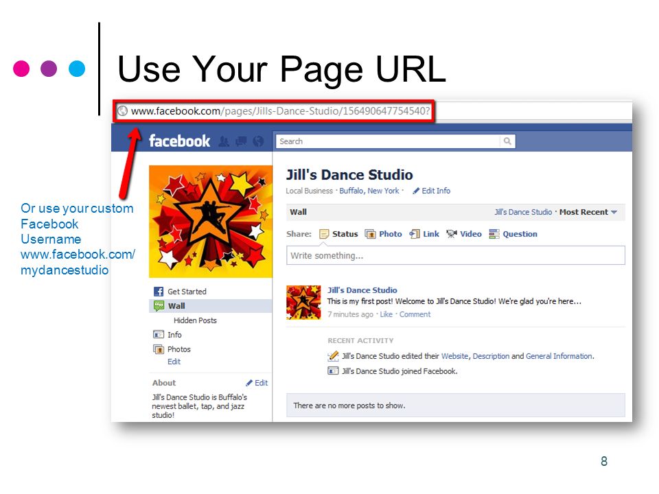 8 Use Your Page URL Hire Or use your custom Facebook Username   mydancestudio