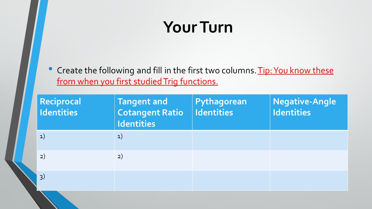 Your Turn Create the following and fill in the first two columns.
