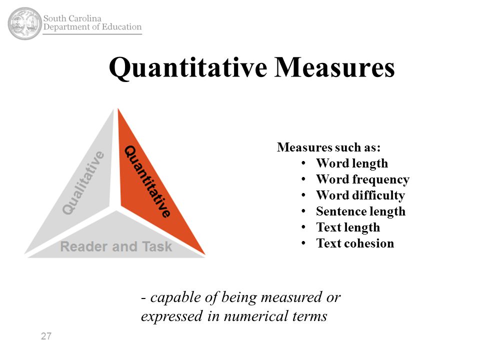 Quantitative Measures 27 Measures such as: Word length Word frequency Word difficulty Sentence length Text length Text cohesion - capable of being measured or expressed in numerical terms
