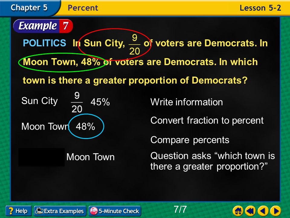 Example 2-7a POLITICS In Sun City, of voters are Democrats.