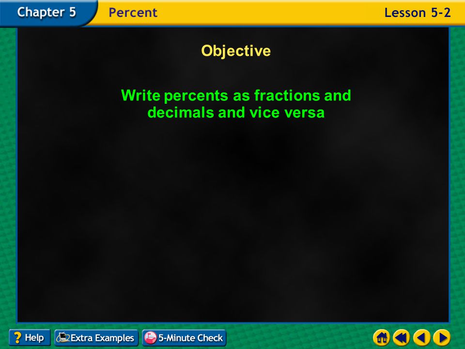 Example 2-7b Objective Write percents as fractions and decimals and vice versa
