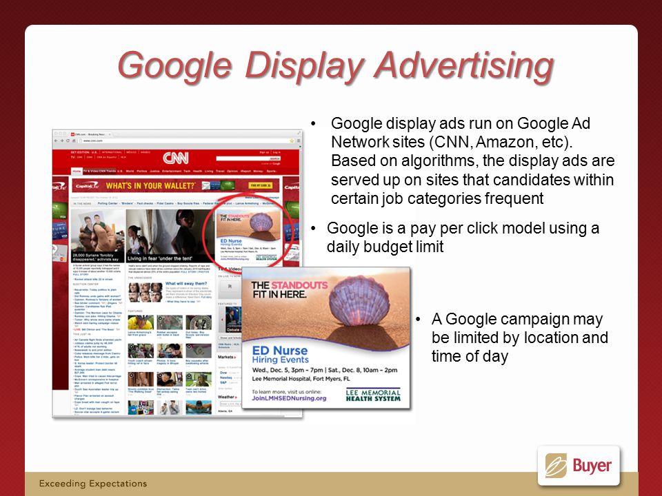 Google display ads run on Google Ad Network sites (CNN, Amazon, etc).