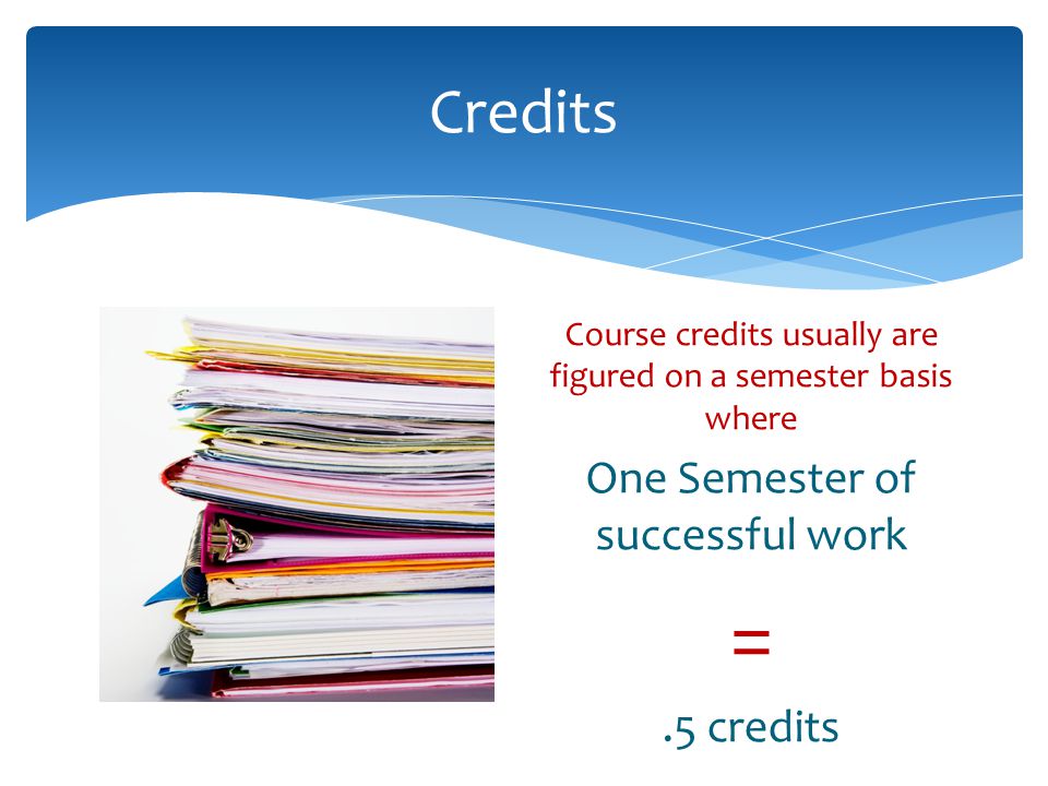 Credits Course credits usually are figured on a semester basis where One Semester of successful work =.5 credits