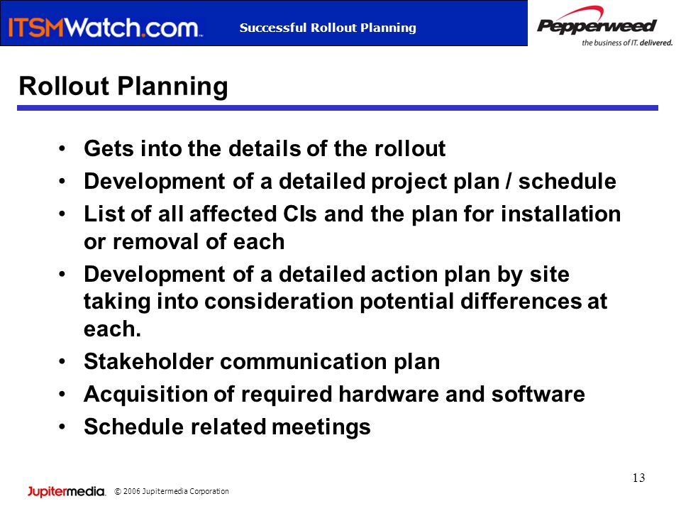 © 2006 Jupitermedia Corporation Successful Rollout Planning 13 Rollout Planning Gets into the details of the rollout Development of a detailed project plan / schedule List of all affected CIs and the plan for installation or removal of each Development of a detailed action plan by site taking into consideration potential differences at each.