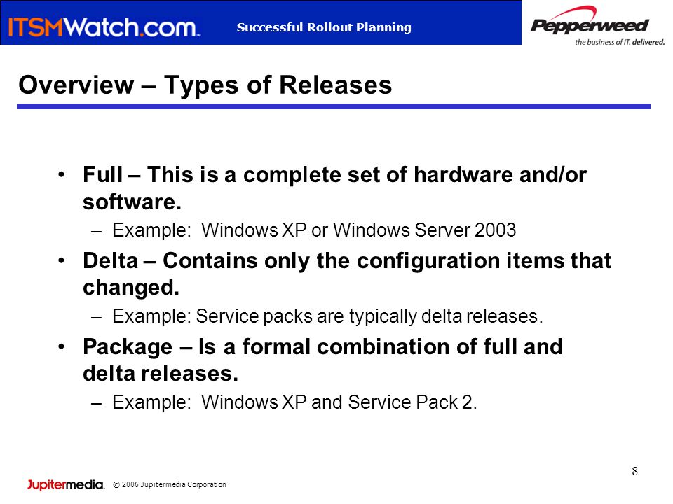 © 2006 Jupitermedia Corporation Successful Rollout Planning 8 Overview – Types of Releases Full – This is a complete set of hardware and/or software.