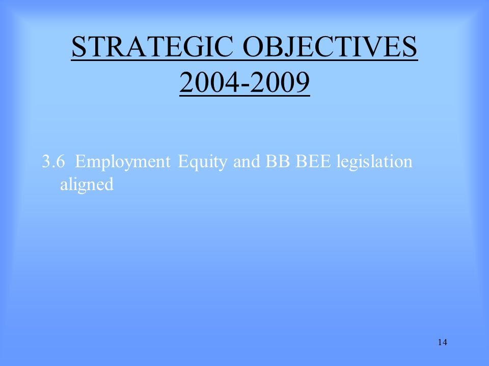 14 STRATEGIC OBJECTIVES Employment Equity and BB BEE legislation aligned
