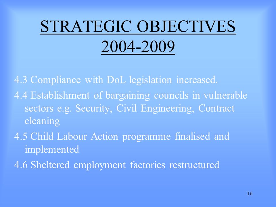 16 STRATEGIC OBJECTIVES Compliance with DoL legislation increased.