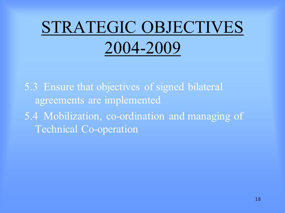 18 STRATEGIC OBJECTIVES Ensure that objectives of signed bilateral agreements are implemented 5.4 Mobilization, co-ordination and managing of Technical Co-operation