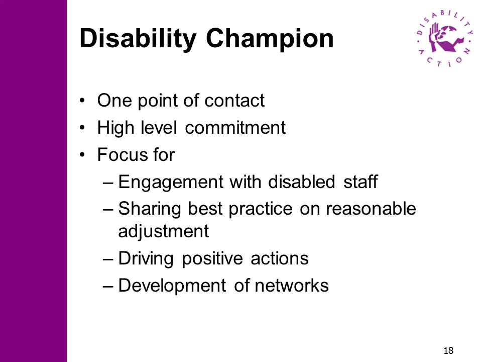 18 Disability Champion One point of contact High level commitment Focus for –Engagement with disabled staff –Sharing best practice on reasonable adjustment –Driving positive actions –Development of networks
