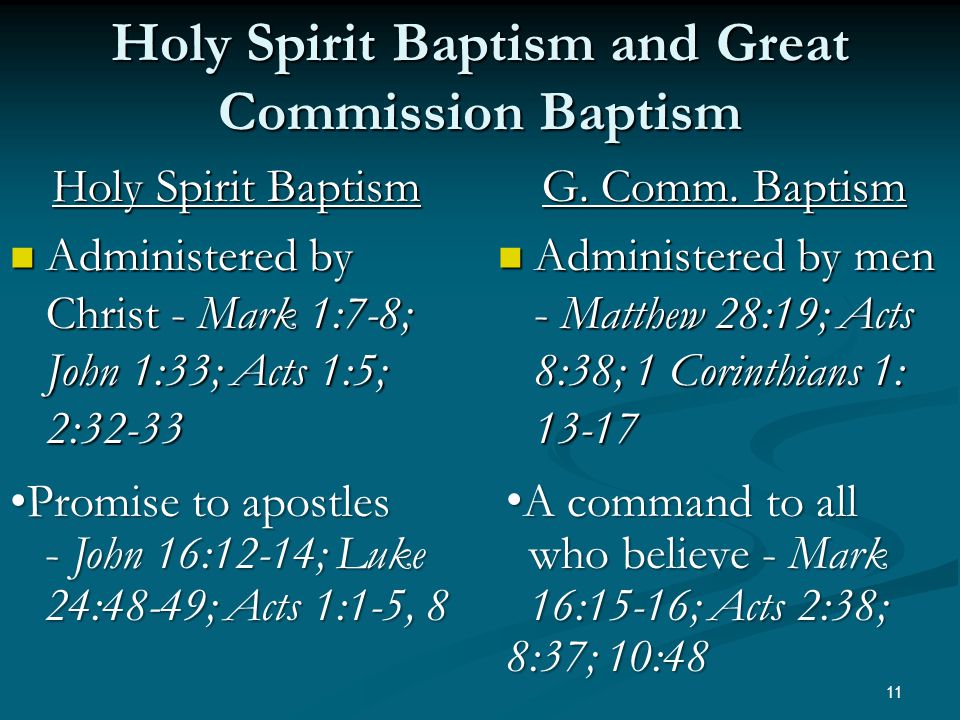 Holy Spirit Baptism and Great Commission Baptism Holy Spirit Baptism Administered by Christ - Mark 1:7-8; John 1:33; Acts 1:5; 2:32-33 Administered by Christ - Mark 1:7-8; John 1:33; Acts 1:5; 2:32-33 G.