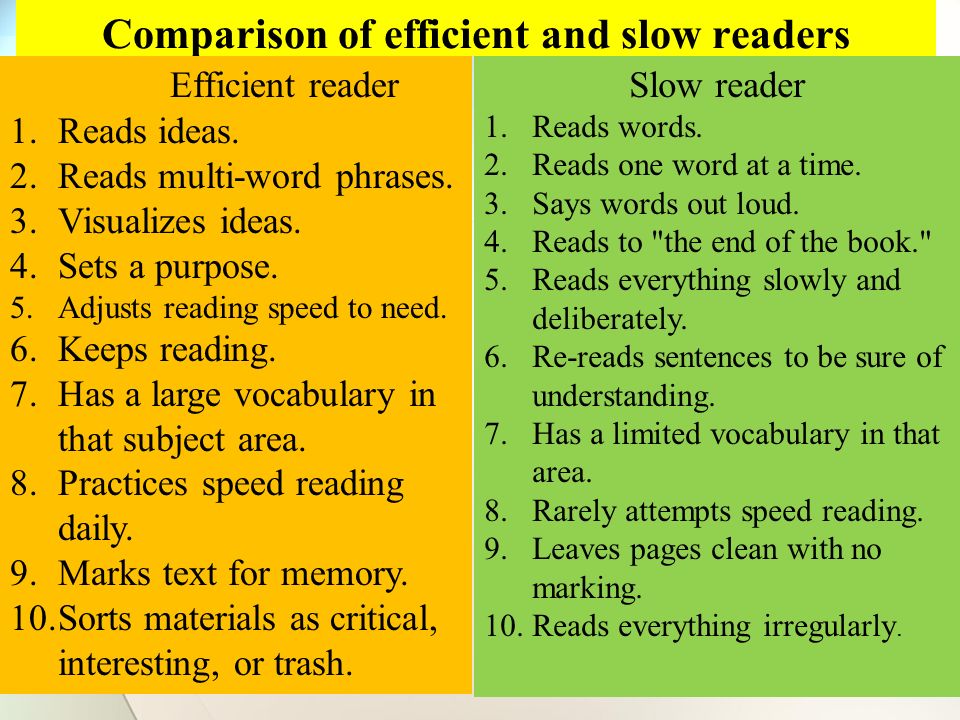Comparison of efficient and slow readers Efficient reader 1.Reads ideas.