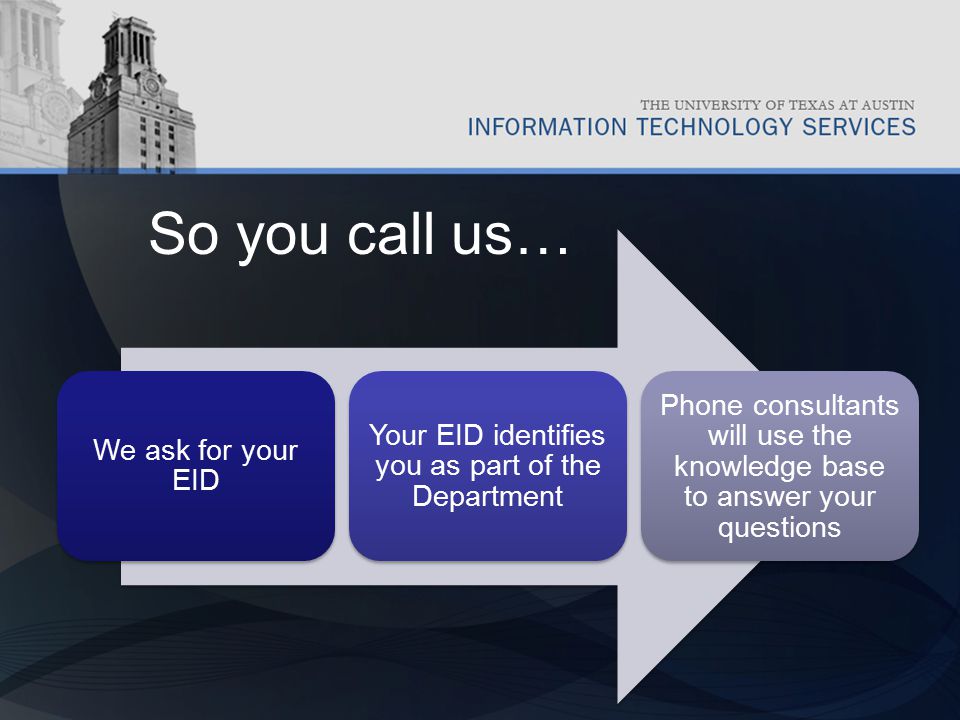 So you call us… We ask for your EID Your EID identifies you as part of the Department Phone consultants will use the knowledge base to answer your questions