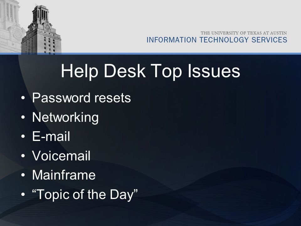 Help Desk Top Issues Password resets Networking  Voic Mainframe Topic of the Day