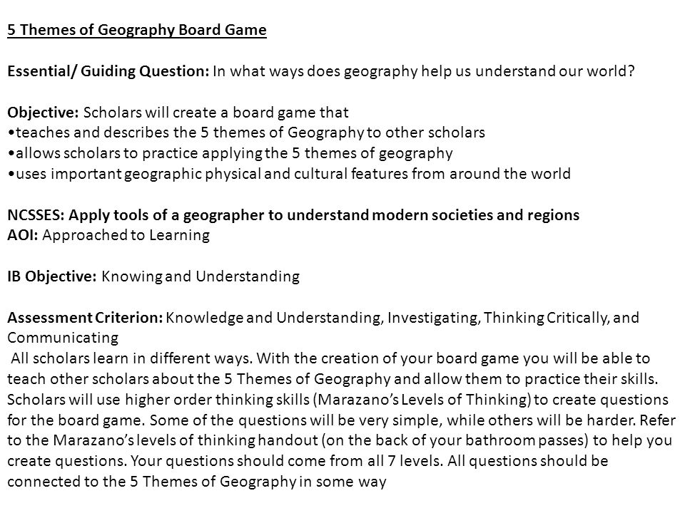 5 Themes of Geography Board Game Essential/ Guiding Question: In what ways does geography help us understand our world.