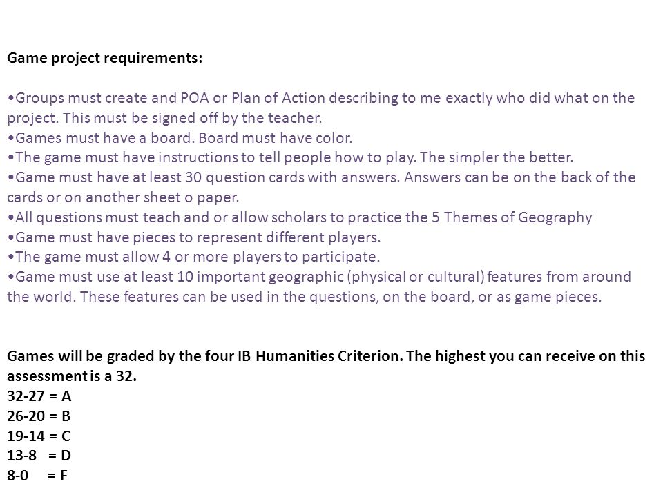 Game project requirements: Groups must create and POA or Plan of Action describing to me exactly who did what on the project.