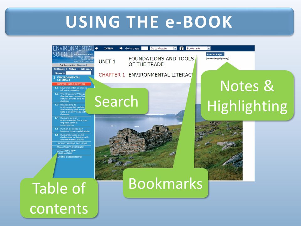 USING THE e-BOOK Bookmarks Notes & Highlighting Search Table of contents