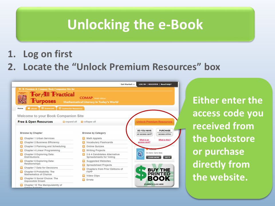 1.Log on first 2.Locate the Unlock Premium Resources box Unlocking the e-Book Either enter the access code you received from the bookstore or purchase directly from the website.