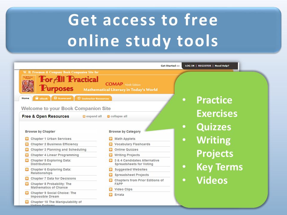 Get access to free online study tools Get access to free online study tools Practice Exercises Quizzes Writing Projects Key Terms Videos