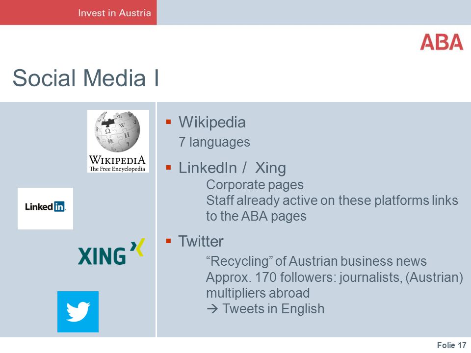 Folie 17 Social Media I  Wikipedia 7 languages  LinkedIn / Xing Corporate pages Staff already active on these platforms links to the ABA pages  Twitter Recycling of Austrian business news Approx.