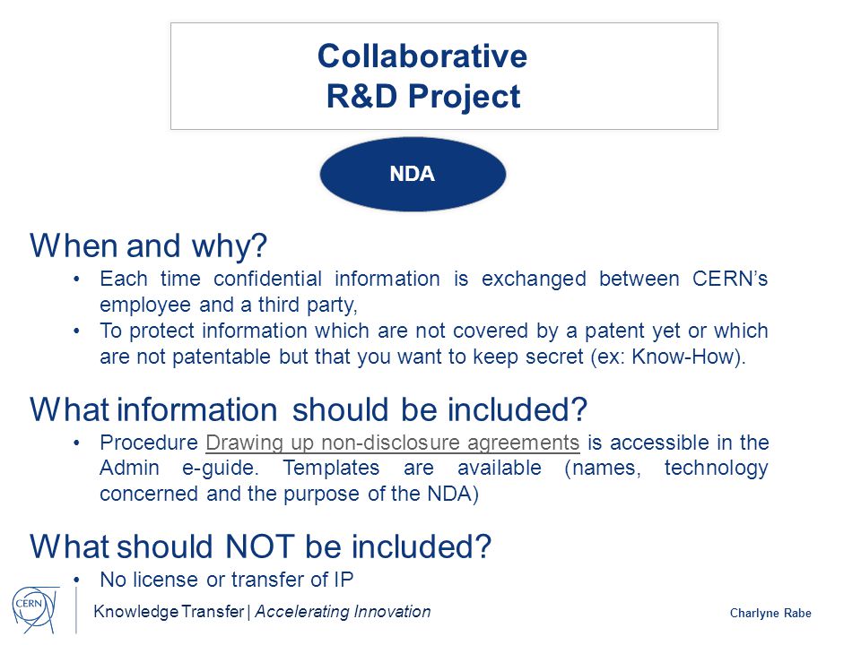 Knowledge Transfer | Accelerating Innovation Charlyne Rabe Collaborative R&D Project NDA Joint Ownership Agreement When and why.