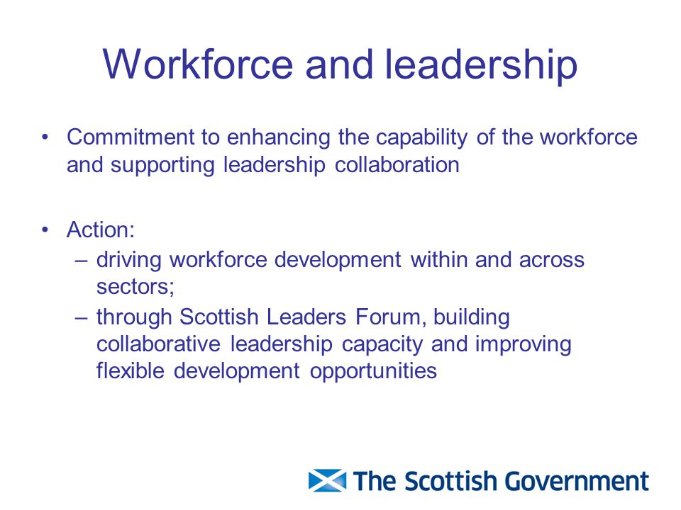 Workforce and leadership Commitment to enhancing the capability of the workforce and supporting leadership collaboration Action: –driving workforce development within and across sectors; –through Scottish Leaders Forum, building collaborative leadership capacity and improving flexible development opportunities