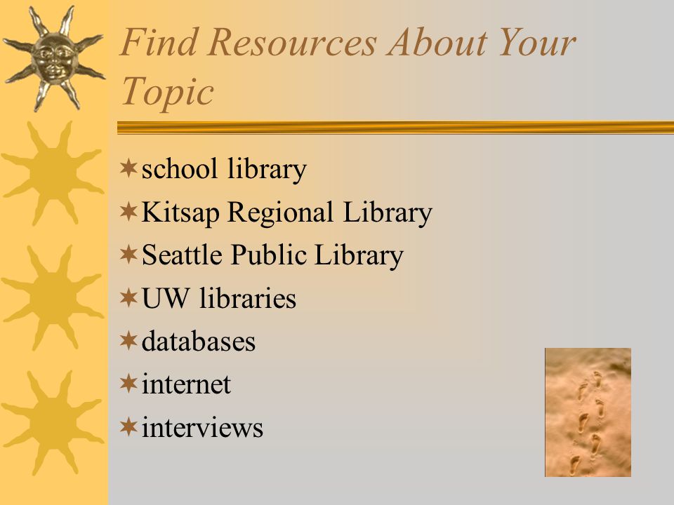 Find Resources About Your Topic  school library  Kitsap Regional Library  Seattle Public Library  UW libraries  databases  internet  interviews