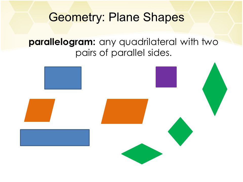 Geometry: Plane Shapes parallelogram: any quadrilateral with two pairs of parallel sides.