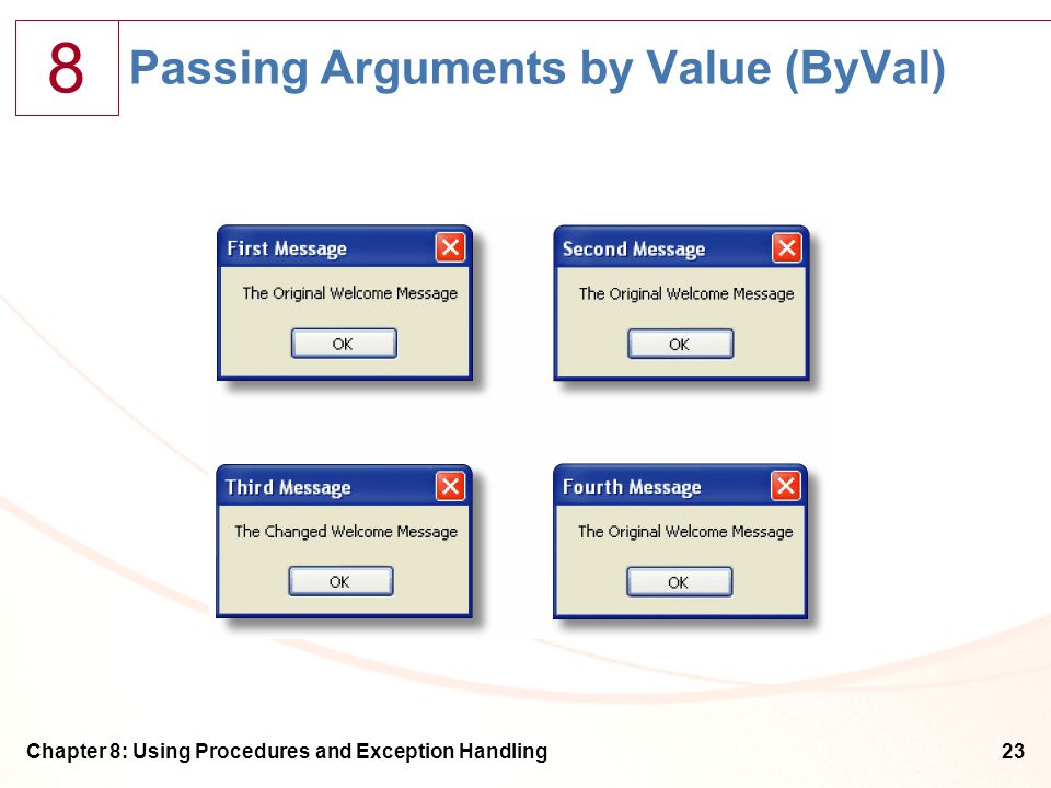 8 Chapter 8: Using Procedures and Exception Handling23 Passing Arguments by Value (ByVal)