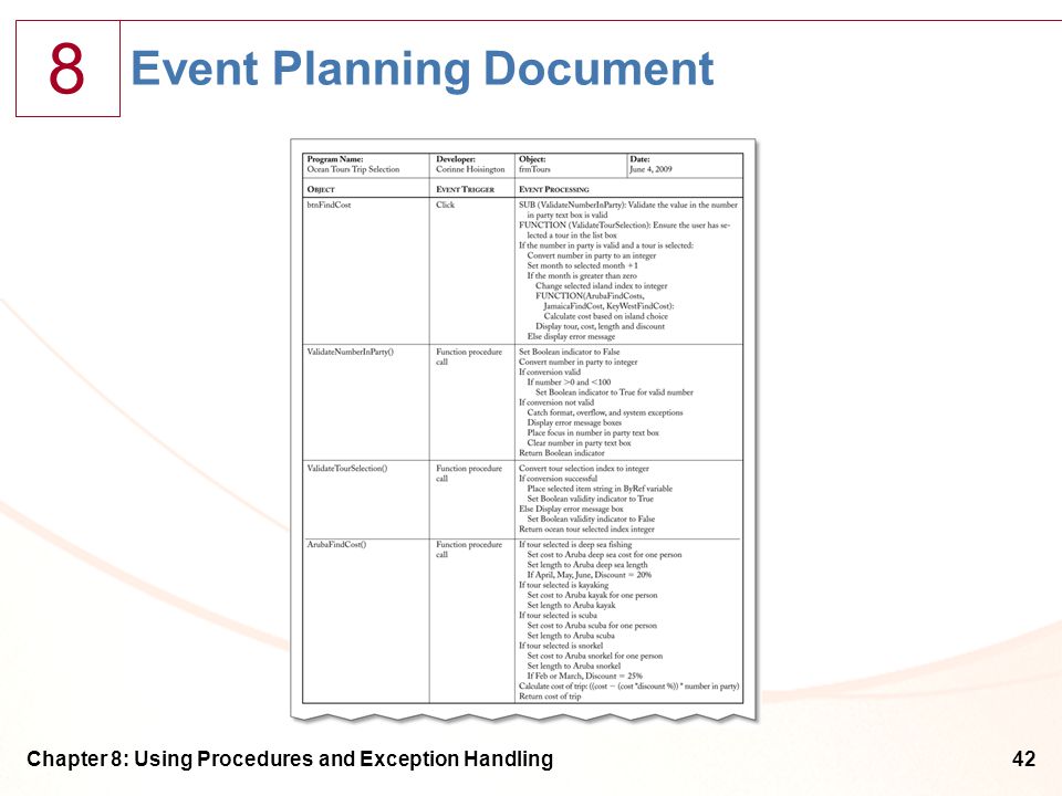 8 Chapter 8: Using Procedures and Exception Handling42 Event Planning Document