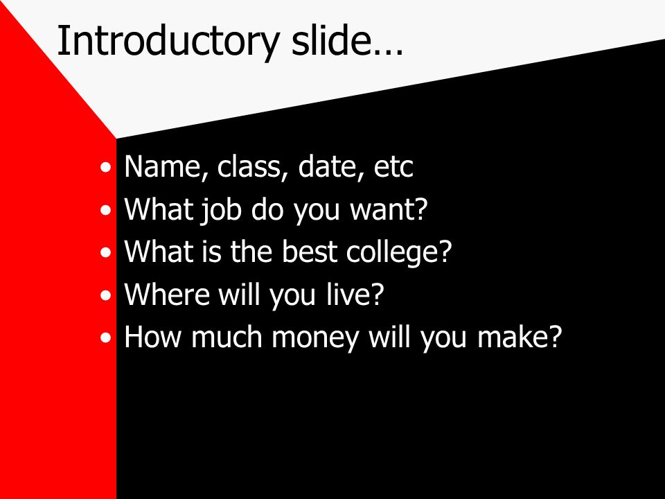 Introductory slide… Name, class, date, etc What job do you want.