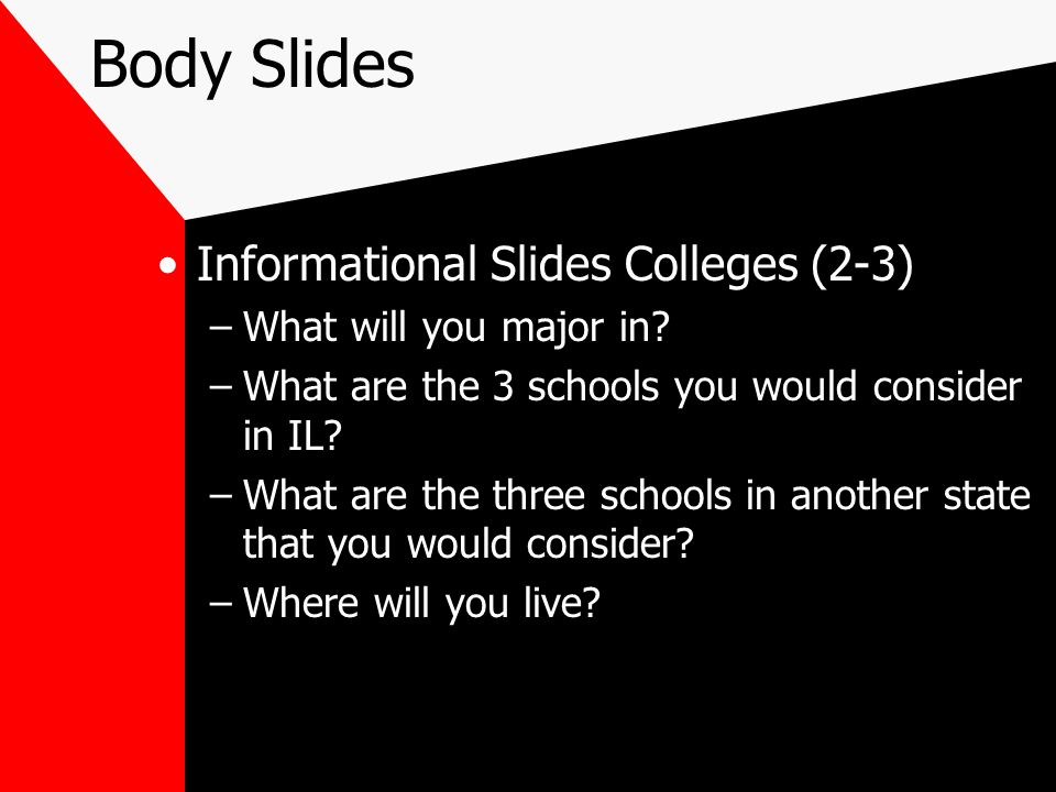 Body Slides Informational Slides Colleges (2-3) –What will you major in.