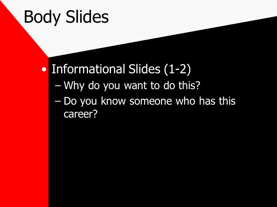 Body Slides Informational Slides (1-2) –Why do you want to do this.