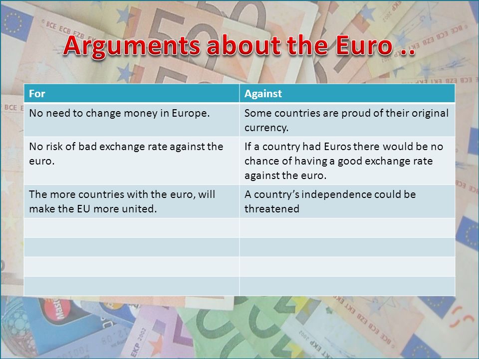 ForAgainst No need to change money in Europe.Some countries are proud of their original currency.