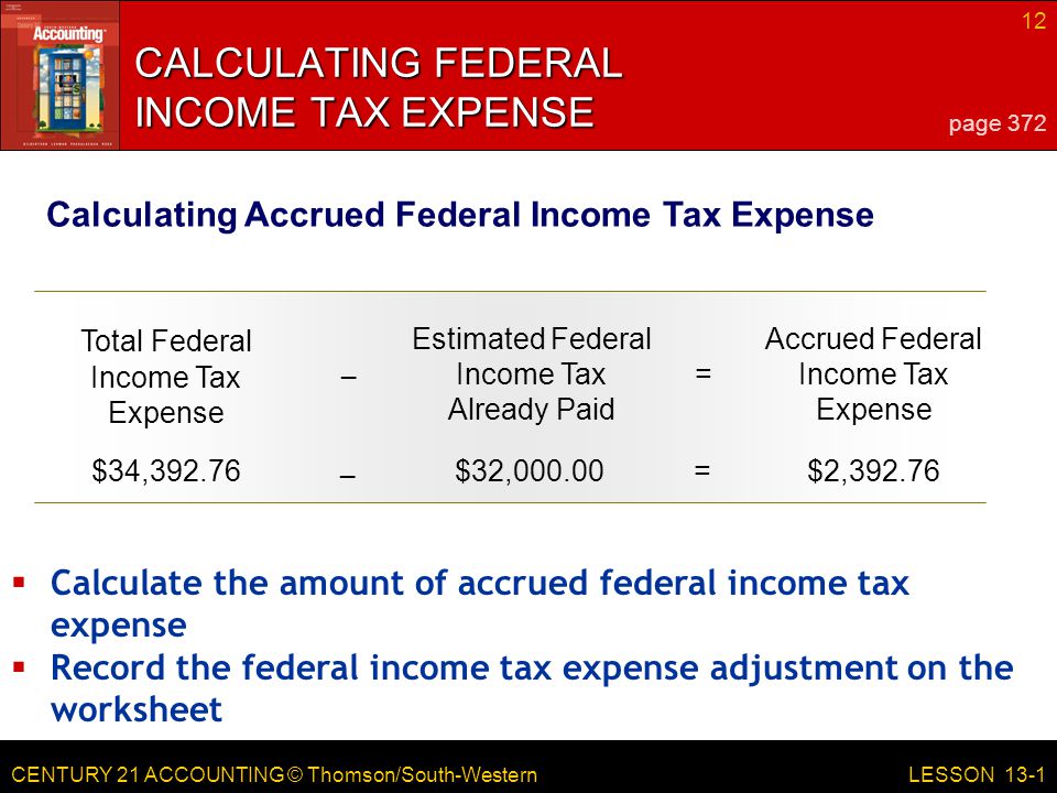 CENTURY 21 ACCOUNTING © Thomson/South-Western 12 LESSON 13-1 CALCULATING FEDERAL INCOME TAX EXPENSE page 372 Calculating Accrued Federal Income Tax Expense Total Federal Income Tax Expense Estimated Federal Income Tax Already Paid = Accrued Federal Income Tax Expense – $34,392.76$32,000.00=$2, –  Calculate the amount of accrued federal income tax expense  Record the federal income tax expense adjustment on the worksheet